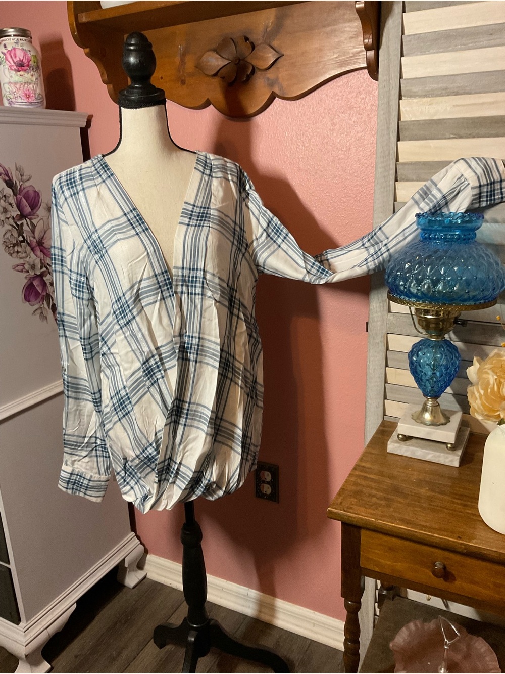 New York & Company White and Blue Plaid Top